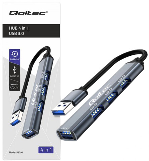 USB-хаб Qoltec Hub Adapter 4 in 1 USB 3.0 Grey - зображення 2