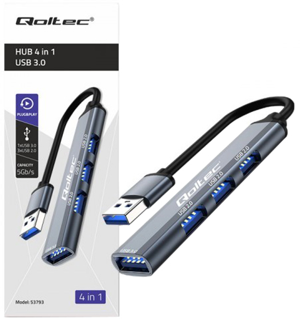 USB Hub Qoltec Hub Adapter 4 in 1 USB 2.0 USB 3.0 Grey - obraz 2