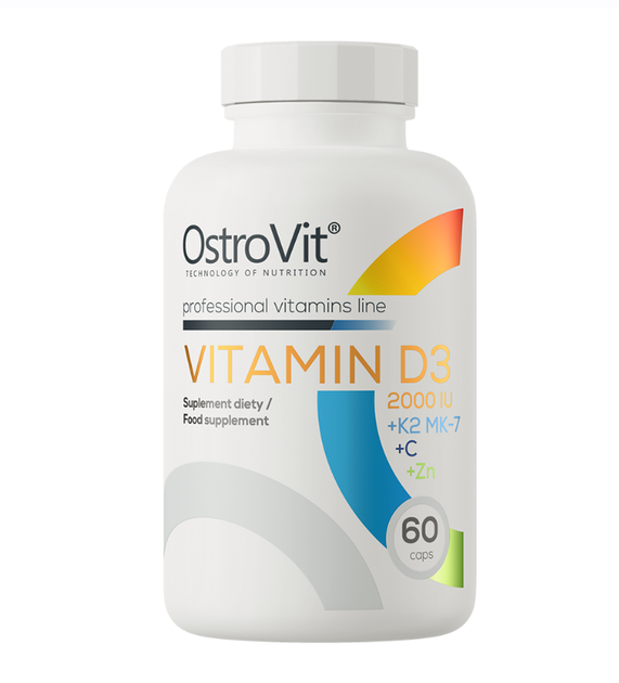 Вітамін Д3 2000 МО вітамін К2 вітамін С та цинк OstroVit (Vitamin D3 2000 IU + K2 MK-7 + VC + Zinc) 60 капсул - Фото 1 Вітамін Д3 2000 МО вітамін К2 вітамін С та цинк OstroVit (Vitamin D3 2000 IU + K2 MK-7 + VC + Zinc) 60 капсул - зображення 1