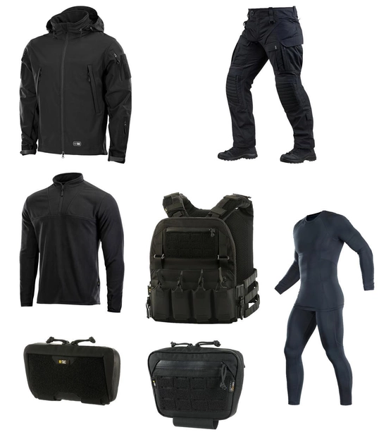 Штаны термобельё, тактическими с подсумки плитоноска, наколенниками, куртка, комплект m-tac black 2xl - изображение 1