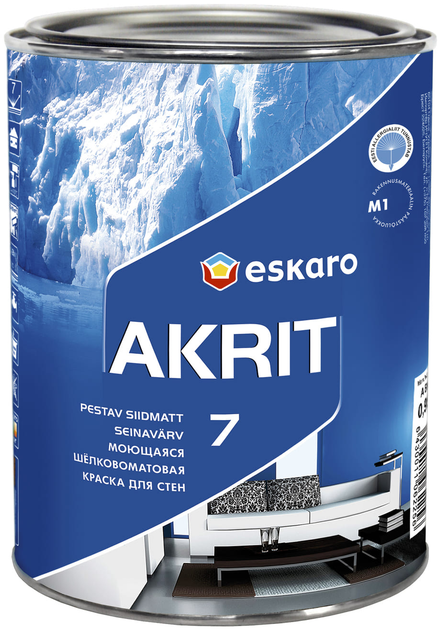 Фарба акрилатна Eskaro Akrit 7 для стель та стін шовковисто-матова біла TR 0.9 л - зображення 1