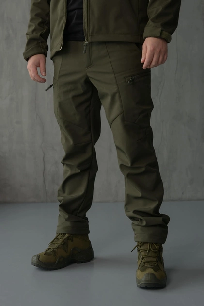 Брюки мужские SoftShell для НГУ оливковый цвет на флисе с высокой посадкой / Ветро и водозащитные штаны 3XL - изображение 1