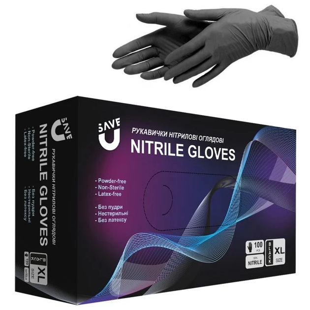 Оглядові нітрилові рукавички розмір XL чорні SAVE U 50 пар - зображення 1