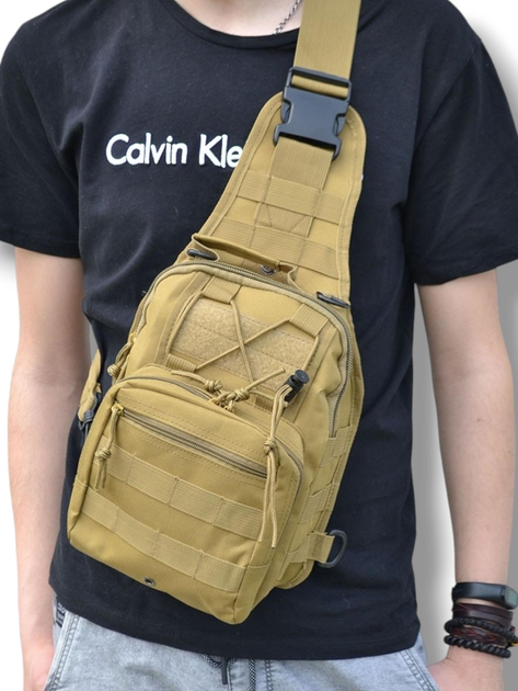 Тактическая укрепленная мужская сумка слинг со многими карманами и крепежами молли Molle олива - изображение 1