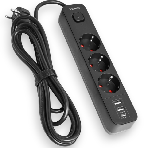 Мережевий подовжувач 3 м 3 гнізда з 2USB + USB-C заземленням і кнопкою VIDEX VF-PD33G2U1C-B - Фото 1 Мережевий подовжувач 3 м 3 гнізда з 2USB + USB-C заземленням і кнопкою VIDEX VF-PD33G2U1C-B - зображення 1