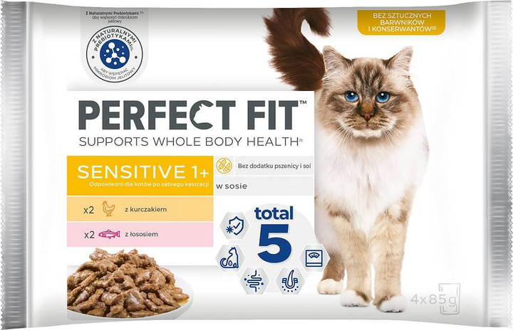 Mokra karma dla kotów Perfect Fit Sensitive Adult 1+ z kurczakiem i łososiem 4 x 85 g (8410136028380) - obraz 1