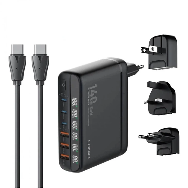 Зарядное устройство LDNIO 140W GaN с шестью портами (3U+3C) PD/QC и дисплеем Black (A6140C) - изображение 3