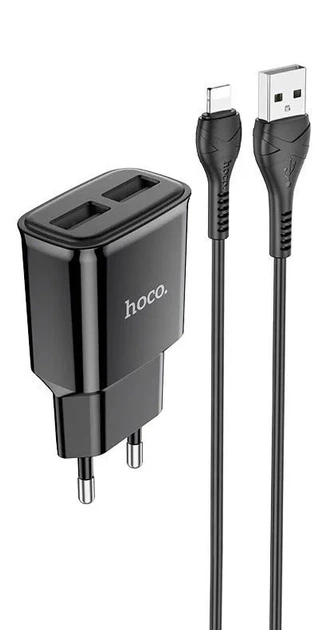 Мережевий зарядний пристрій 2USB Hoco 220V Блок живлення + кабель iPhone Lightning Black - зображення 9