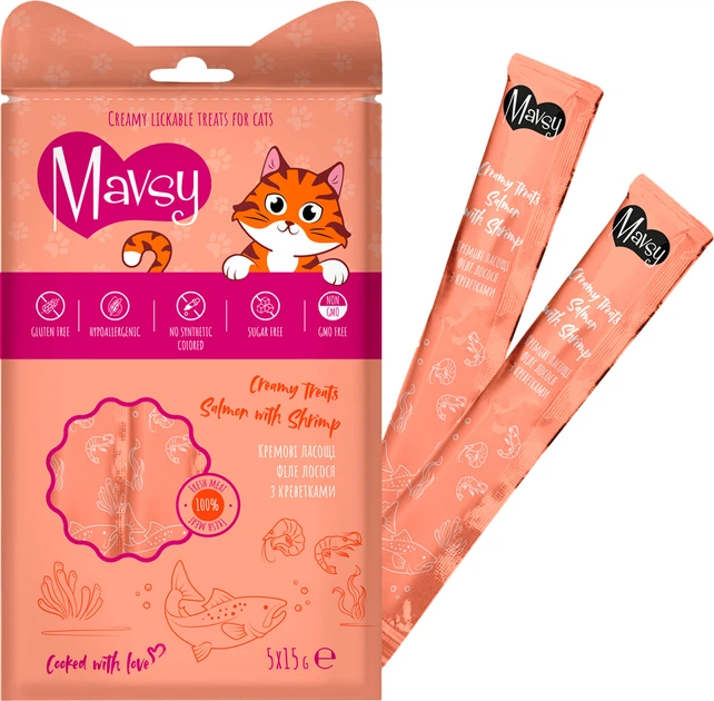 Лакомство для кошек Mavsy Creamy Treats Salmon with shrimp - Мавси Кремовое лакомство для кошек с лососем и креветками 5x15 г (4820266800345) - Фото 1 Лакомство для кошек Mavsy Creamy Treats Salmon with shrimp - Мавси Кремовое лакомство для кошек с лососем и креветками 5x15 г (4820266800345) - изображение 1