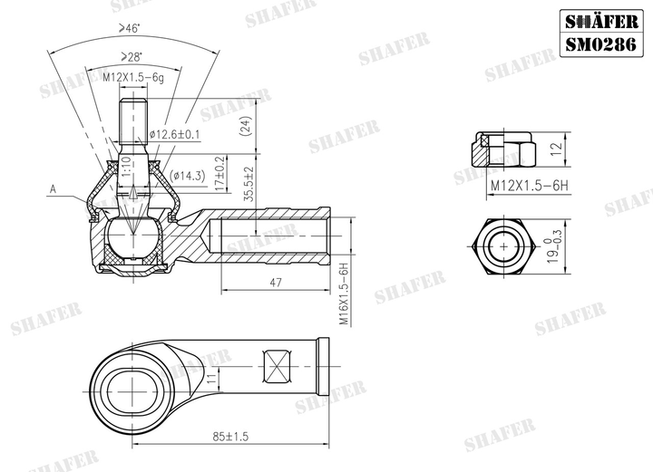 Рулевой наконечник VW T4 90-03, (конус 14 мм), резьба M16*1.5/M12*1.5, длина 85 мм, левый SM0286 Shafer - изображение 2