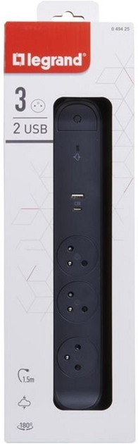 Przedłużacz sieciowy Legrand 3x2PZ + USB A/C 1.5 m Czarny (3414971942721) - obraz 5