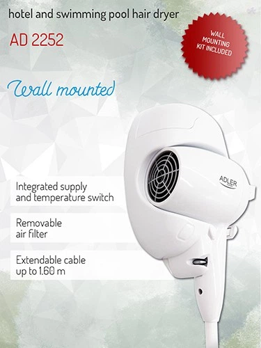 Фен для волосся ADLER AD 2252 POLAND 1600W настінний для готелів та басейнів - зображення 7