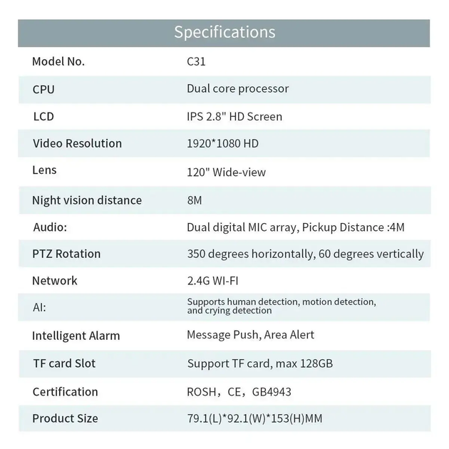 Бездротова камера CAMERA Wi-FI IP C-31, поворотна кімнатна з нічним зніманням і зворотним зв'язком - изображение 7