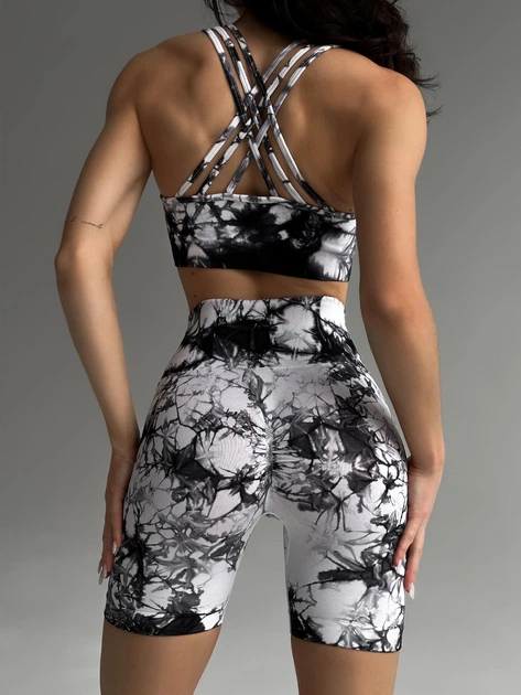 Спортивный женский костюм Marble с эффектом Push Up (топ + шорты) Бесшовный Мраморный XS-S Бело-черный (XH010000S) - Фото 2 Спортивный женский костюм Marble с эффектом Push Up (топ + шорты) Бесшовный Мраморный XS-S Бело-черный (XH010000S) - изображение 2
