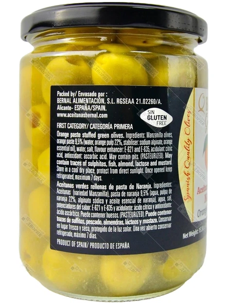 Оливки зелені іспанські Мансанілья Bernal Aceitunas rellenas de naranja фаршировані апельсиновою пастою 436 г - Фото 3 Оливки зелені іспанські Мансанілья Bernal Aceitunas rellenas de naranja фаршировані апельсиновою пастою 436 г - зображення 3