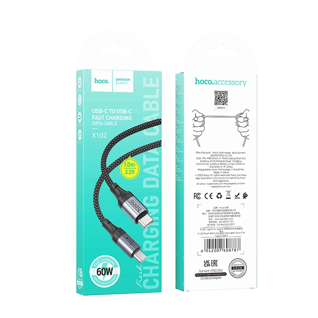 Кабель Hoco X102 Fresh 60W charging data cable Type-C to Type-C Black - Фото 2 Кабель Hoco X102 Fresh 60W charging data cable Type-C to Type-C Black - зображення 2