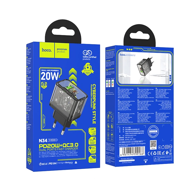 Сетевое зарядное устройство Hoco N34 Dazzling dual-port PD20W+QC3.0 charger (EU) Transparent Black - изображение 2
