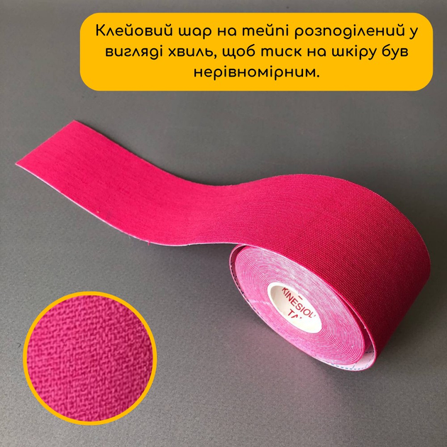 Кінезіо тейп стрічка пластир для кінезіологічного тейпування м'язів ніг спини шиї тіла 5 м х 5 см Kinesio tape рожевий АН074 - зображення 2