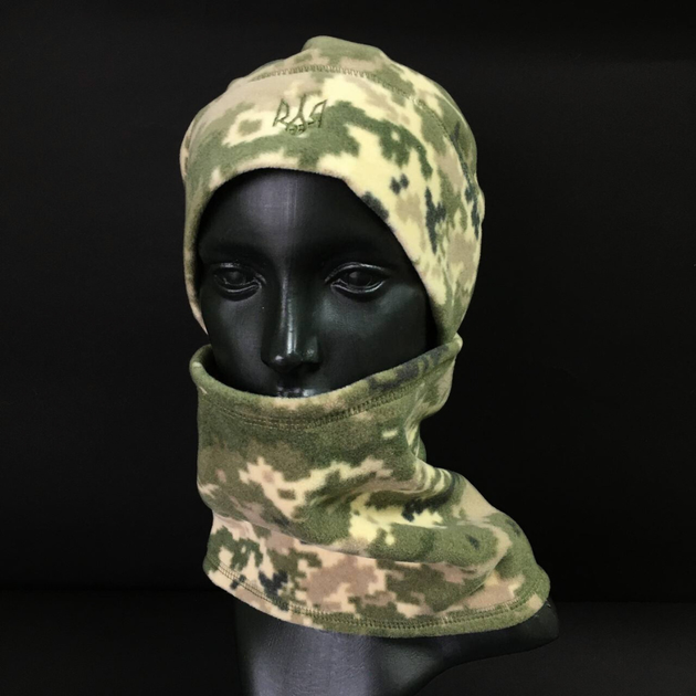 Комплект шапка и бафф флисовая тактическая мужская женская зимняя с гербом Украины Zepma Пиксель АНШБ1 - изображение 1