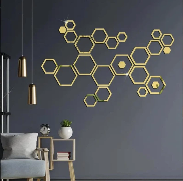 Зеркальная наклейка на стену "Hexagon" - акриловая панель для декора интерьера, самоклеящаяся, 24 шт, золото (710033) - изображение 2