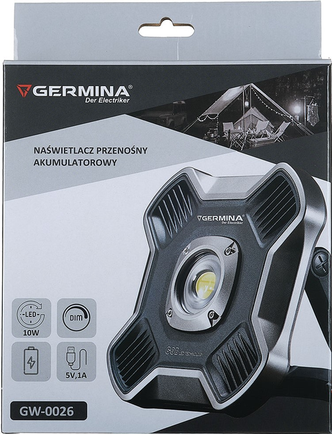 Naświetlacz przenośny akumulatorowy Germina 10 W 1100 lm  4400 mAh (GW-0026) - obraz 8