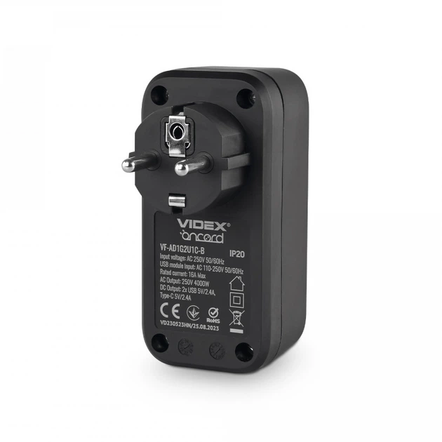Мережевий адаптер з 2USB + USB-C та заземленням VIDEX ONCORD VF-AD1G2U1C-B Black - зображення 5