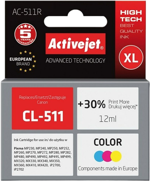 Tusz Activejet do Canon CL-511 Premium 12 ml Cyan/Magenta/Yellow (AC-511R) - obraz 1