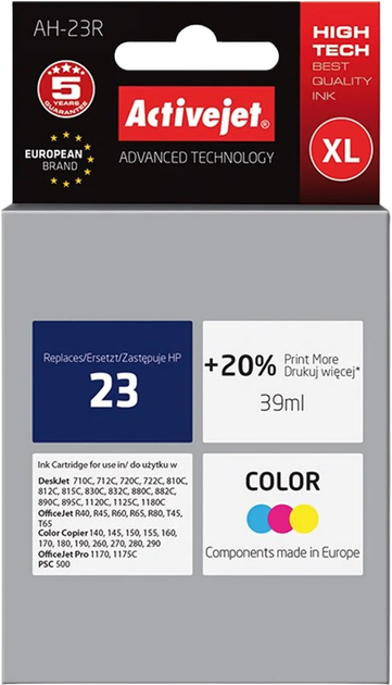 Картридж Activejet для HP 23 C1823D Premium 39 мл Cyan/Magenta/Yellow (5904356201454) - зображення 1