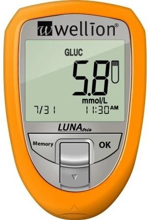 Набор для тестирования уровня глюкозы, холестерина и мочевой кислоты в крови Wellion LUNA Trio желтый, ммоль - изображение 1