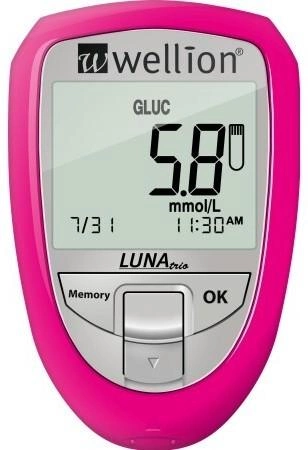 Набор для тестирования уровня глюкозы, холестерина и мочевой кислоты в крови Wellion LUNA Trio розовый, ммоль - изображение 1
