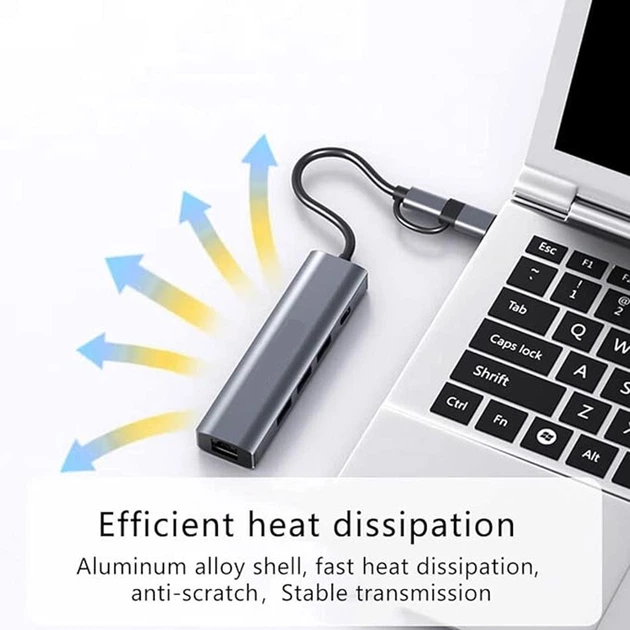 Док-станция Deepfox-2208TU 5 в 2 USB Type-C/Type-A концентратор 5 портов Сетевая карта RJ45 Ethernet LAN адаптер 1000 Мбит/с - изображение 8