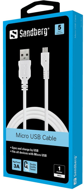 Kabel Sandberg USB Type-A - micro-USB 1 m White (5705730440335) - obraz 2