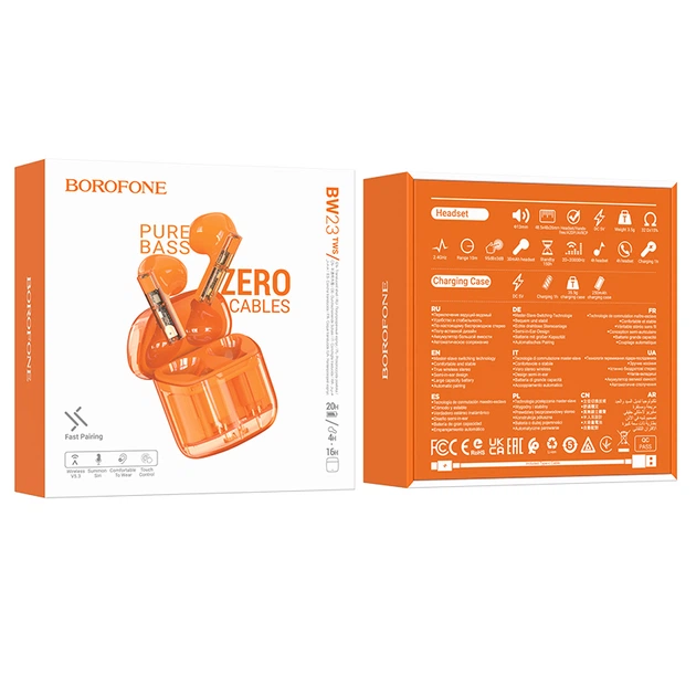 Bluetooth навушники Borofone BW23 TWS (помаранчевий) - Фото 4 Bluetooth навушники Borofone BW23 TWS (помаранчевий) - зображення 4