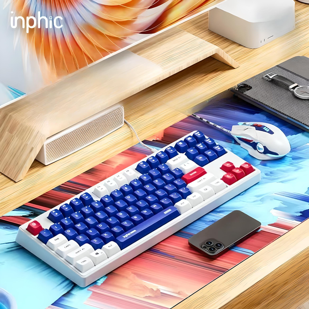 Проводная клавиатура INPHIC K9 с RGB подсветкой, подключение USB-TypeC, компактная, тихая, сине-белый (Ukr) - изображение 7