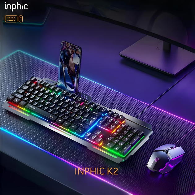 Проводной набор INPHIC полноразмерная клавиатура K2 +игровая мышь W2, с RGB подсветкой, бесшумная, 8800DPI, GR - изображение 2