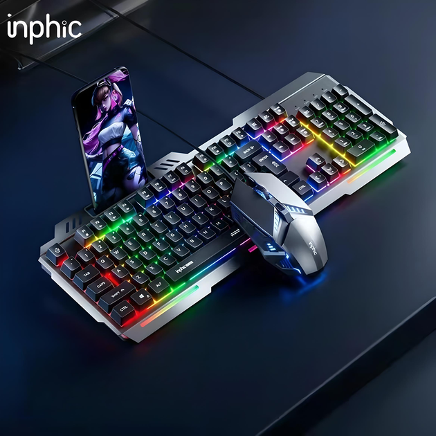 Проводной набор INPHIC полноразмерная клавиатура K2 +игровая мышь W2, с RGB подсветкой, бесшумная, 8800DPI, GR - изображение 5
