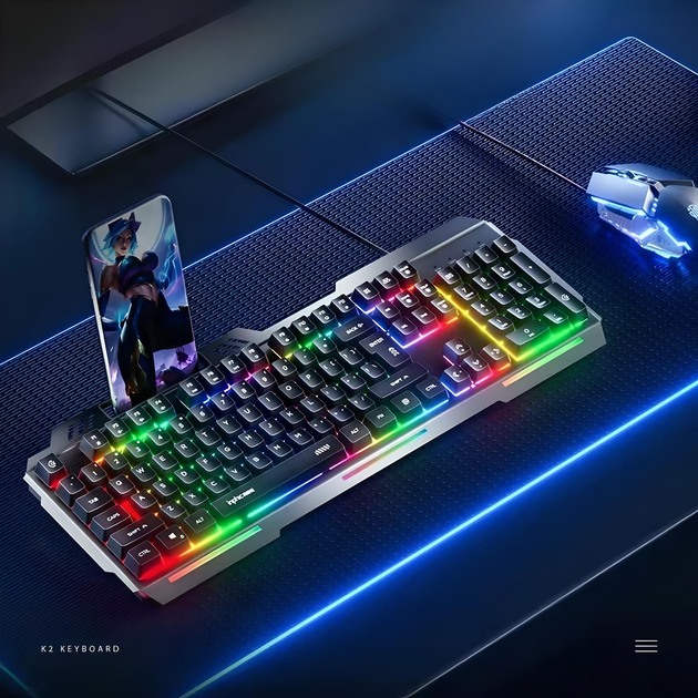 Проводной набор INPHIC полноразмерная клавиатура K2 +игровая мышь W2, с RGB подсветкой, бесшумная, 8800DPI, GR - изображение 6