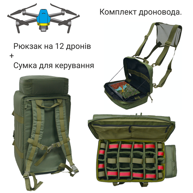 Комплект дронщика, рюкзак оператора дрона FPV Mavic DERBY DronoCase 60L, сумка DERBY Combat-1, олива - зображення 1