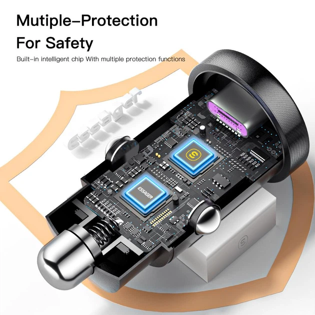 Автомобильное зарядное устройство Essager Gyroscope Mini Charger USB-A + Type-C 30W Blue (ECCAC-TL03) - Фото 5 Автомобильное зарядное устройство Essager Gyroscope Mini Charger USB-A + Type-C 30W Blue (ECCAC-TL03) - изображение 5