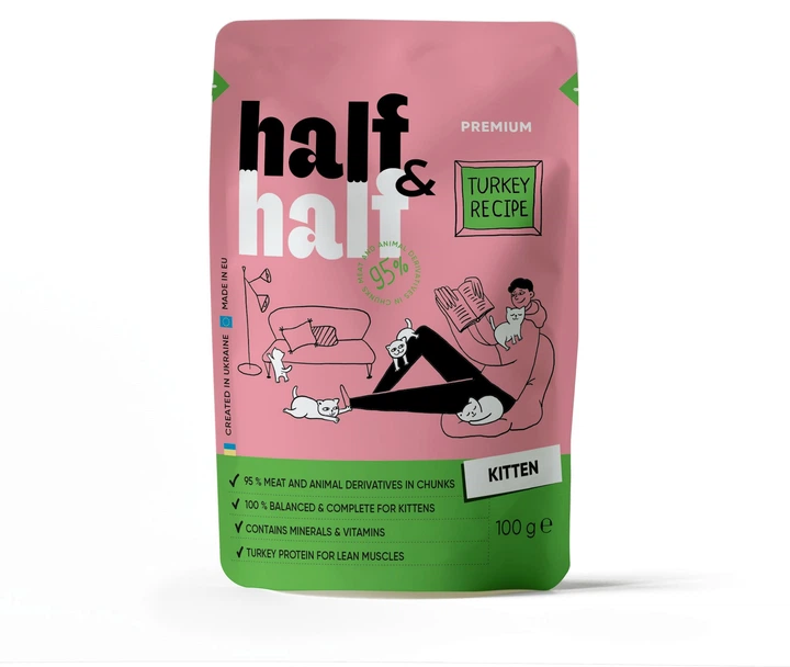 Промо набор упаковка влажного корма Half&Half "5+1" для котят кусочки с индейкой в желе 100 г х 6 шт (2700000040515) - изображение 7