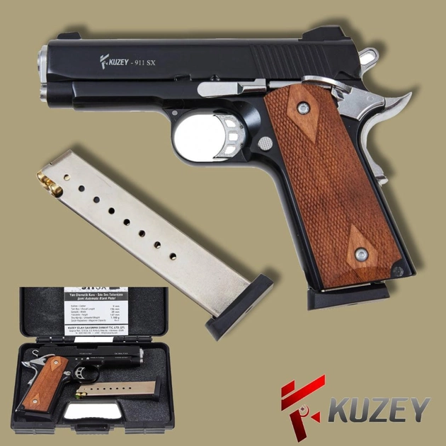 Стартовый пистолет Colt 1911, KUZEY 911-SX#2 Black/Brown Wooden Grips, Сигнальный пистолет под холостой патрон 9мм, Шумовой - изображение 1