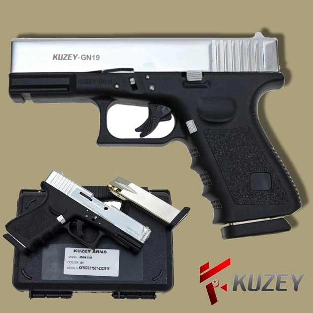 Стартовый пистолет Glock 17, KUZEY GN-19#1 Shiny Chrome Plating/Black Grips, Сигнальный пистолет под холостой патрон 9мм, Шумовой - изображение 1