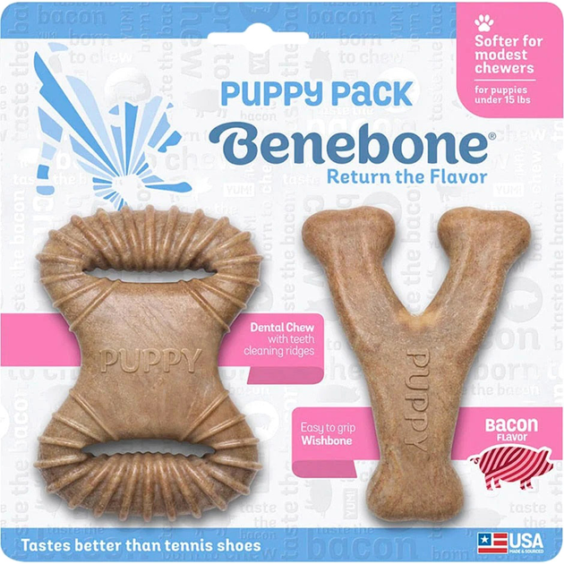 Zestaw gryzaków dla psów o smaku bekonu Benebone Puppy Dental Chew/Wishbone 10 cm 2 szt Brown (0854111004491) - obraz 1