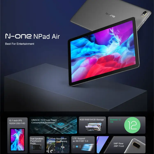 Планшет 10.1" Full HD N-one Napd Air 4/64Gb 4G 2-SIM 4 ядра Android 12 6600 mAh Серый Over Stоск g1 - изображение 4