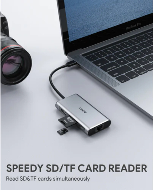 Aluminiowy HUB USB-C 8w1 RJ45 Ethernet 10/100/1000Mbps 3xUSB 3.1 HDMI 4k przy 30Hz SD i micro SD USB-C Power Delivery 100W (5902666661678) - obraz 3