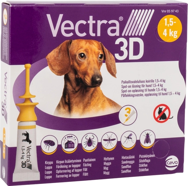 Krople na pchły i kleszcze Ceva Vectra 3D Spot On Solution dla psów 1.5-4 kg 3 szt (3411113012670) - obraz 1