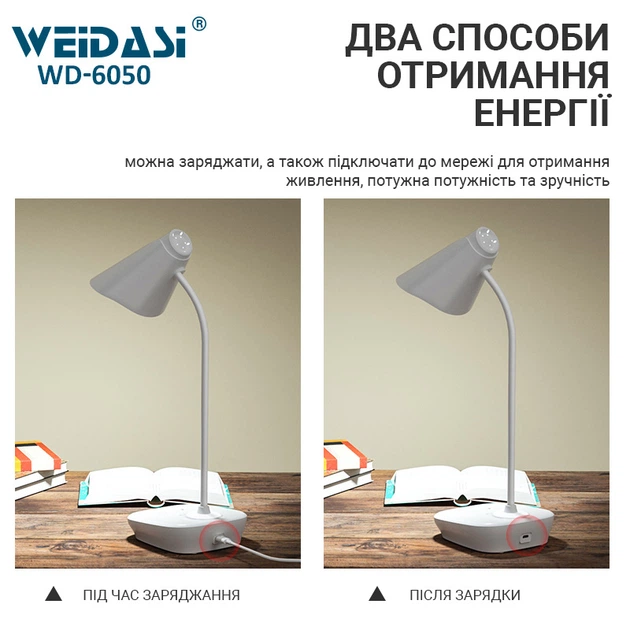 Настольная лампа с аккумулятором Weidasi WD-6050A 1200mAh 12smd 3W 198lm - изображение 8