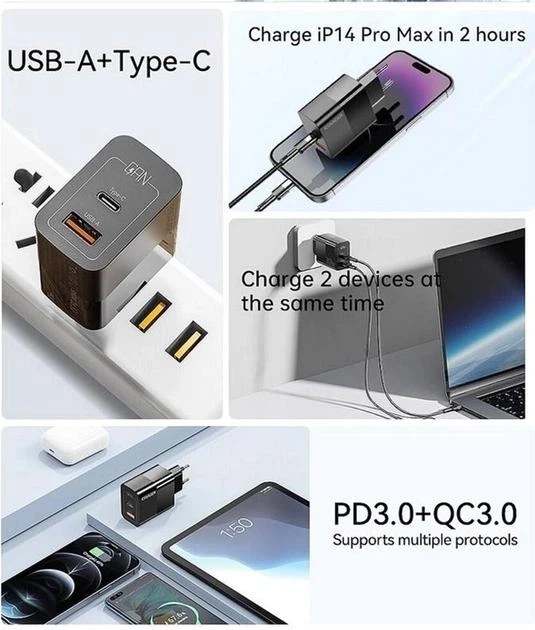 Зарядний пристрій Essager Pinchen 33W Travel Phone Charger USB A + TYPE C EU Black (ECTAC-PCB01-P) - зображення 9