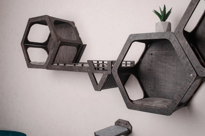Настенная кровать для кота, шестиугольная полка для кота, 3 настенные ступеньки. Полки для кота. Цвет темное дерево - изображение 6