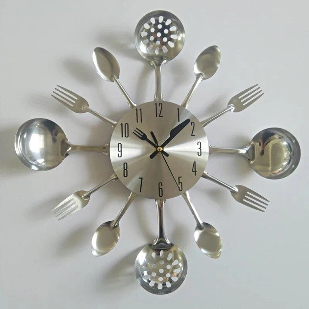 Настінний годинник на кухню "Strainer" - металевий годинник ложки-виделки для кафе та кухні, срібло, 35х35 см (102011) - изображение 7